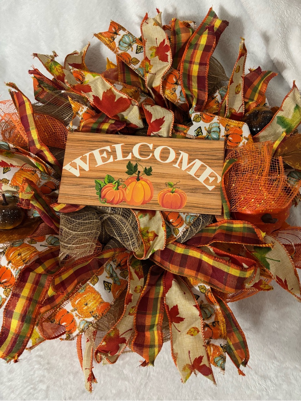 Orange Plaid & Pumpkin Welcome Wreath